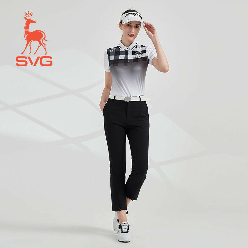 SVG Golf women's black and white plaid printed short-sleeved polo shirt