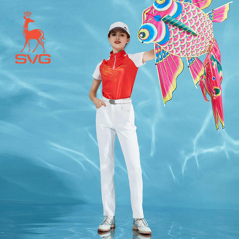 SVG Golf  Women's Orange Stitched Short-sleeved T-shirt Zipper Collar Jacket