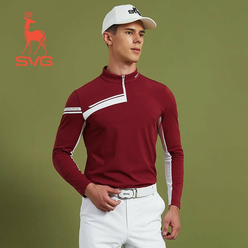 SVG Golf Fall Winter Men's Red Stitched Long Sleeved T-Shirt Zipper Stand Collar Jacket