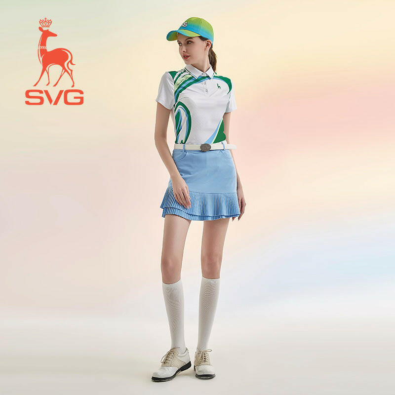 SVG Golf Women's Blue and Green Wave Printed Polo