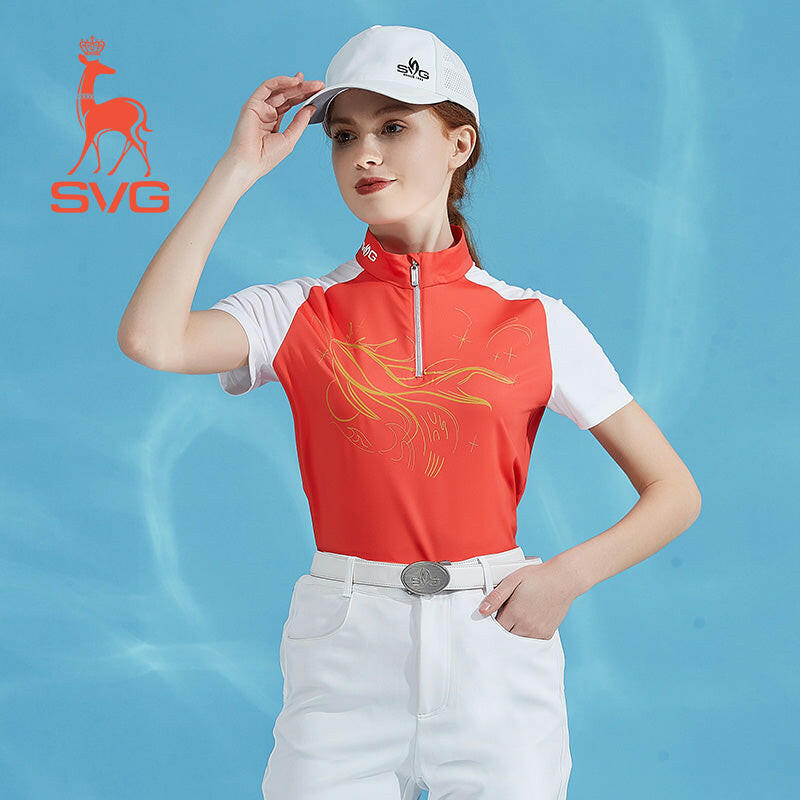 SVG Golf  Women's Orange Stitched Short-sleeved T-shirt Zipper Collar Jacket