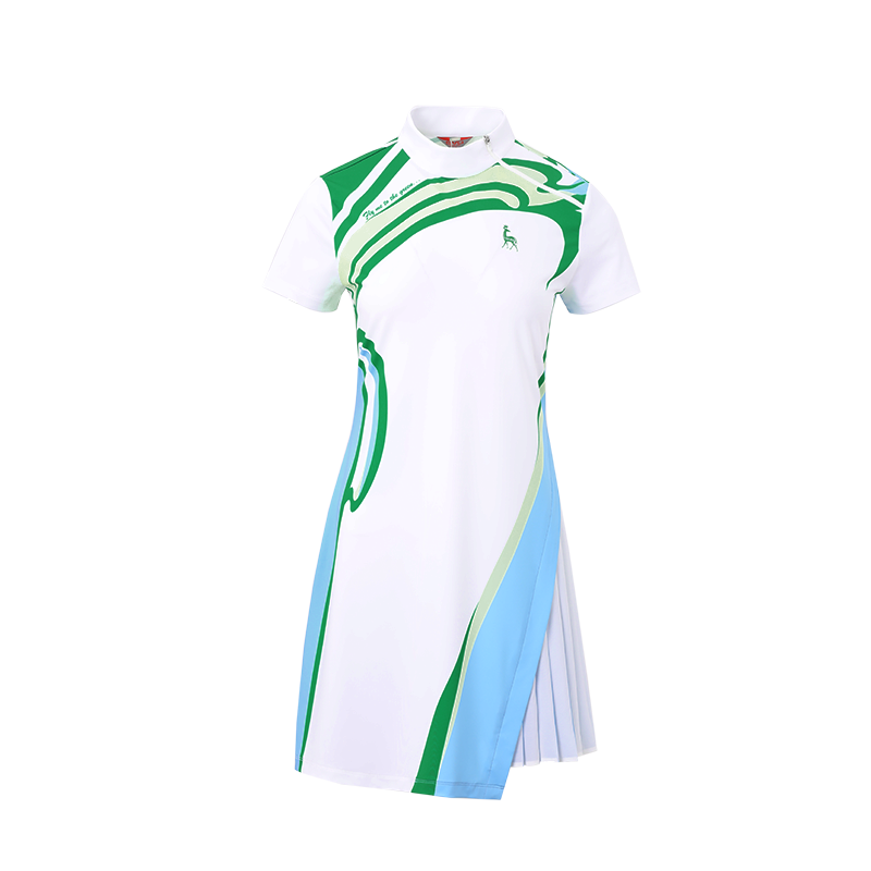 SVG Golf Women's Blue and Green Stitching Printed Dress Zipper Vertical Collar