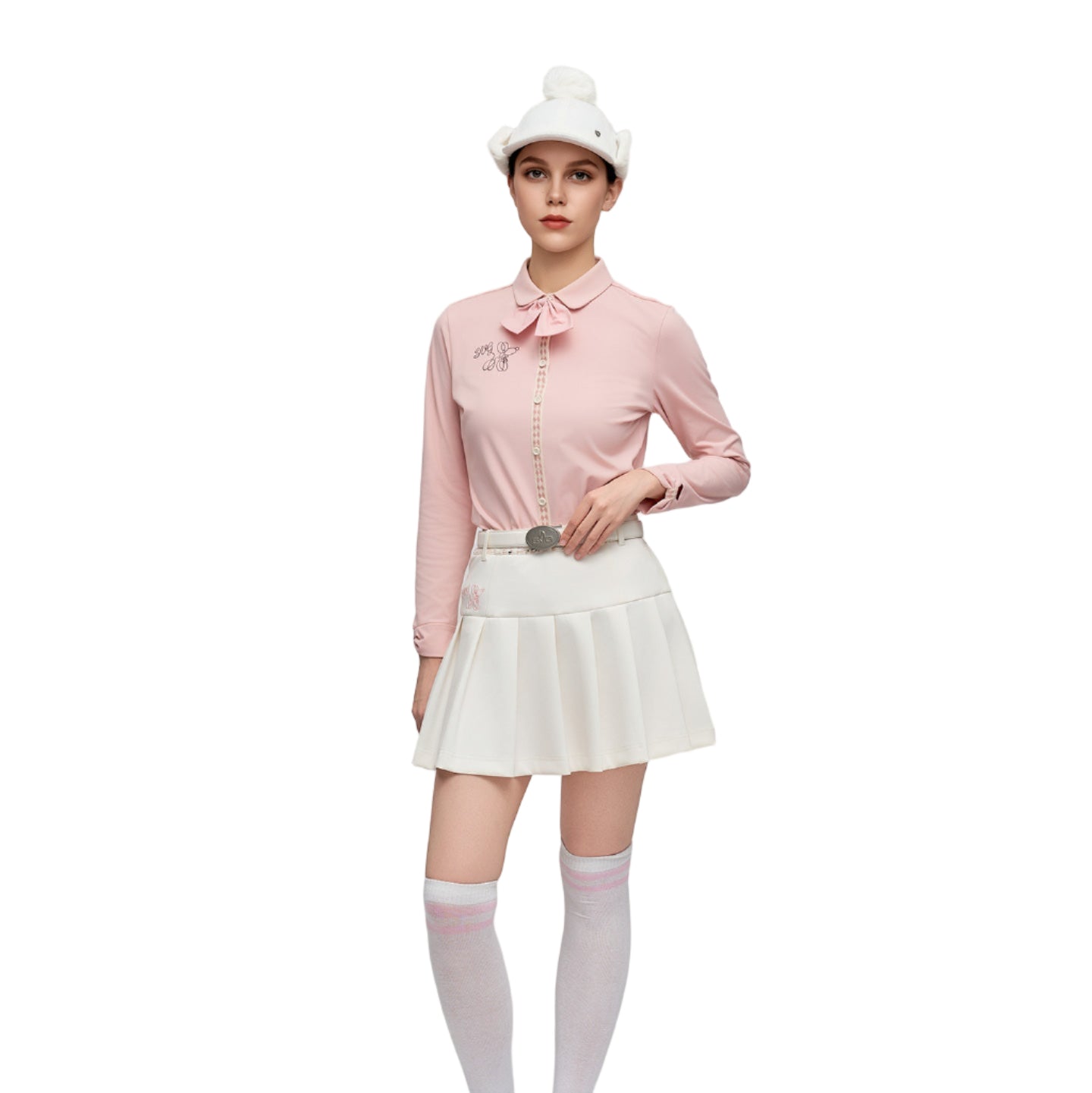 SVG Golf Women's Sweet Pink Bow Ribbon Collar Long Sleeve Shirt
