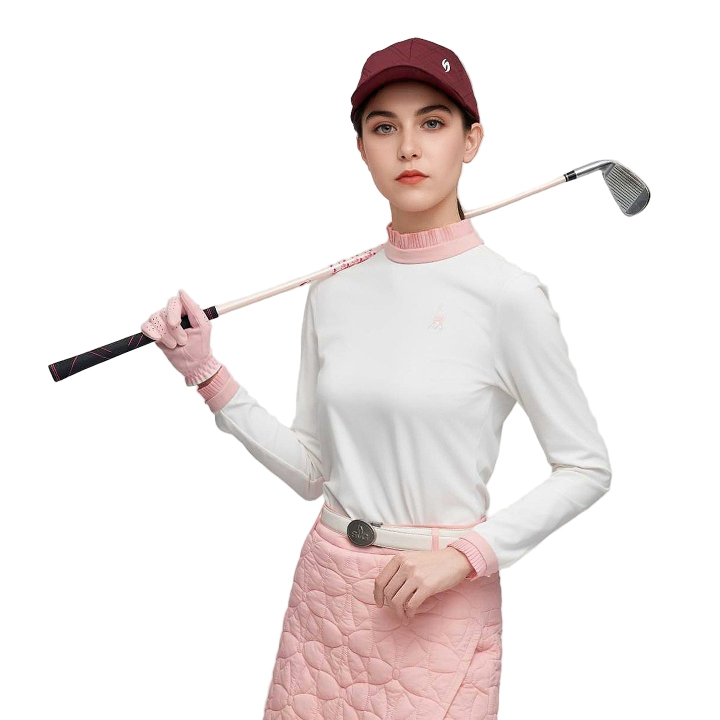 SVG Golf Women's Pink-White Stand Collar Long Sleeve T-Shirt