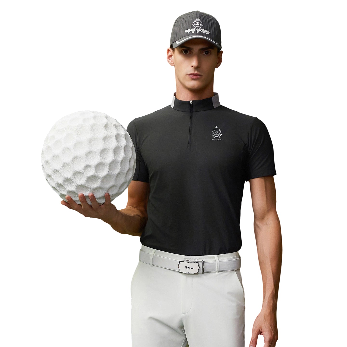 SVG Golf Men's Dark Grey Zip Stand Collar  T-Shirt