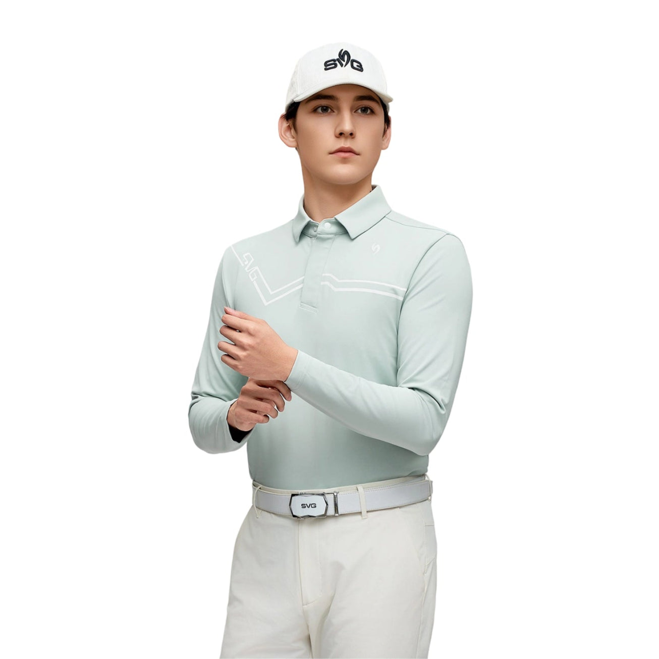 SVG Golf Men's Light Green Mandarin Collar Long Sleeve T-Shirt