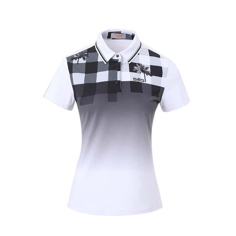 SVG Golf women's black and white plaid printed short-sleeved polo shirt