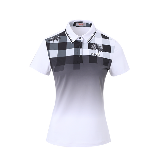 SVG Golf women's black and white plaid printed short-sleeved polo shirt