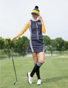 Women's padded zip-up vest, in white and navy color blocking.