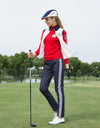 Women's padded pants with white stripe trims, in navy.