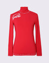 Women's red long sleeve layering top with mock neck, slogan print.