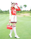 Women's long sleeve layer tee with zipped stand collar, in red and white color blocking.