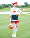 Women's A-line skirt, with white and red accents, in green.