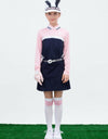 Girl's long sleeve polo, in pink and navy color blocking.