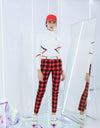Women's long sleeve layer top with mock neck, in white, red and black stripe trims.