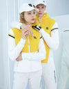 Women's padded zip-up jacket, in white and yellow color blocking.