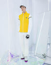 Men's padded zip-up jacket, in white and yellow color blocking.