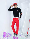 Men's long sleeve layer top with mock neck, in black, red and white stripe trims.