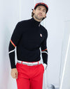 Men's long sleeve layer top with mock neck, in black, red and white stripe trims.