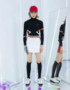 Women's long sleeve layer top with mock neck, in black, red and white stripe trims.