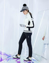Women's zip-up sweater, in black and white color blocking.