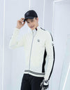 Men's zip-up sweater, in black and white color blocking.
