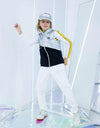 Boy's rainproof zip-up vest, in silver and black color blocking.