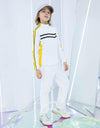 Boy's long sleeve top with mock neck, in yellow and white color blocking, and black trims.