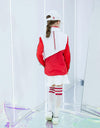 Girl's rainproof zip-up vest, in white and red color blocking.