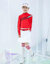 Girl's long sleeve top with mock neck, in red and white color blocking, and black trims.