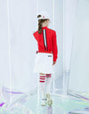 Girl's long sleeve top with mock neck, in red and white color blocking, and black trims.