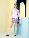 Women's long sleeve sweater, in pink and white color blocking.