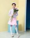 Girl's long sleeve top with ruffled neck, in white, pink and blue stripes.
