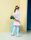 Girl's long sleeve top with ruffled neck, in white, pink and blue stripes.