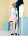 Women's knit vest, in purple and silver color blocking.