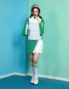 Women's Aline skirt with side pleats, in green and white color blocking.