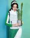 Women's down vest with stand collar, in white and green color blocking, gray plaid print.