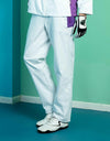 Men's straight rain pants, in white and purple color blocking.