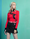 Women's long sleeve layer top with mock neck, in black and red color blocking.
