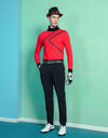 Men's long sleeve layer top with mock neck, in black and red color blocking.