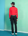 Men's long sleeve layer top with mock neck, in black and red color blocking.
