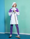 Women's middle-length rain coat, in white and purple color blocking.