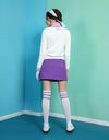 Women's long sleeve sweater with mock neck, in white, purple and pink stripe trims.