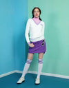 Women's long sleeve sweater with mock neck, in white, purple and pink stripe trims.