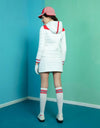 Women's zipped A-line skirt with padding, in red and white color blocking.