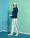 Women's down jacket, with detachable sleeves, in navy and floral embroidery.