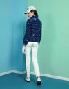 Women's down jacket, with detachable sleeves, in navy and floral embroidery.