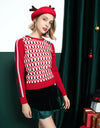Women's long-sleeve sweater, in red and geo print.