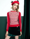 Women's long-sleeve sweater, in red and geo print.