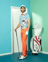 Men's short sleeve polo, in blue and white stripes, with hand-drawn art print.